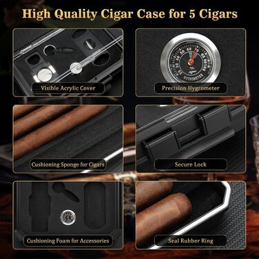 KEJIAR Вологостійкий футляр для сигар з набором інструментів: різець V-подібний, різець Straight Cut, штамп. Чорний