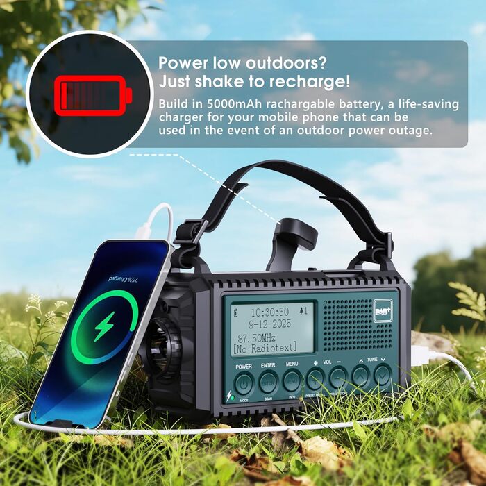 Портативне радіо DAB/DAB+/UKW з сонячною батареєю та акумулятором 5000mAh, USB-зарядкою, LED-ліхтариком та SOS-сигналом (блакитне)