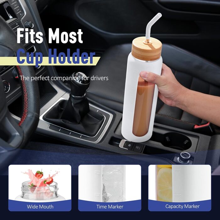 BLUEGO Glass Water Bottle - Sports Water Bottle with 2 Lids and Straw. Leak-proof glass bottle with time marker and measuring scale. BPA-free, (White, 900 ml)