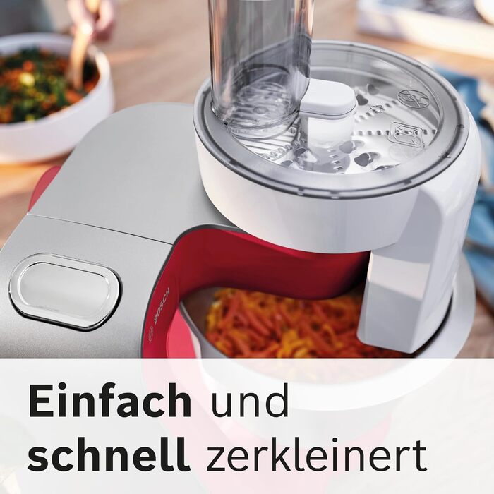 Кухонний комбайн Bosch MUM58720 Серія 4, 1000 Вт, 3,9 л, міксер 1,25 л, планетарне змішування, насадки для тіста і збивання, шинкувальна насадка, нержавіюча сталь, темно-червоний/сріблястий
