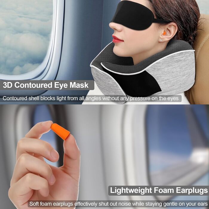 Подушка для шиї з піною з пам'яті Memory Foam, комплект з маскою для очей, берушами та чохлом, ергономічна туристична подушка (світло-сіра)