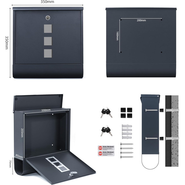 Поштовий ящик Zedelmaier XXL з нержавіючої сталі, індивідуальне гравіювання, 35x35 см, 4 ключі, для листів B5/C4, з газетницею, RAL 7016 Антрацит