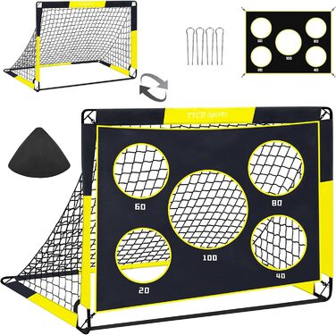 TTCB Sports 2-in-1 Kids Soccer Goal - Outdoor Football Goal with 5 Target Zones, Pop Up Soccer Goal Net & Carry Bag, Ideal for Football Training Equipment or Gifts for Boys (Yellow, 90x90x120cm)