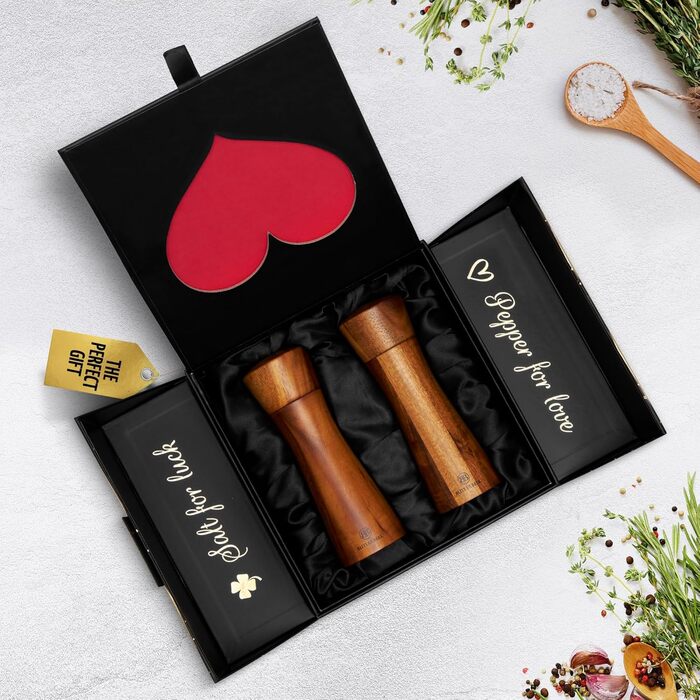 BUTLERBELL® English | Salt and pepper mill made of wood in a luxury gift box with heart, ideal as a wedding gift | Wedding gifts | Wedding gifts for the wedding couple | Housewarming gift (Cupidon)