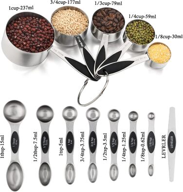 Measuring cup and spoon set includes 5 stainless steel measuring cups, 7 magnetic measuring spoons, and 1 leveler for dry or liquid ingredients (black)
