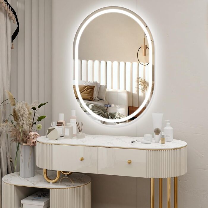 Дзеркало для ванної кімнати YOURLITE з підсвічуванням, 60 см, LED, сенсорне керування, 3 кольори світла, регулювання яскравості, антизапар, пам'ять, годинник, овальне, білий