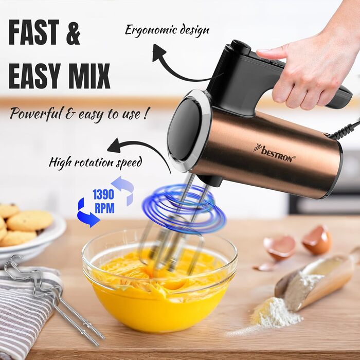 Міксер ручний Bestron Power з 6 рівнями потужності, Turbo-функцією та LCD-дисплеєм. В комплекті: 2 вінчики та 2 гаки для тіста. Легкий (1 кг), колір: мідний