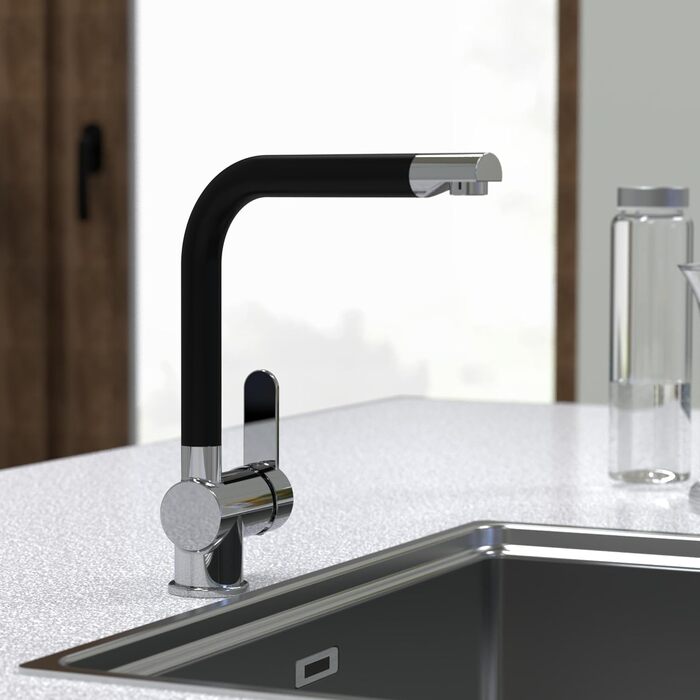 Шутер кухонний змішувач RIO 360° (хром/чорний мат), поворотний вилив, для однієї/двох мийок