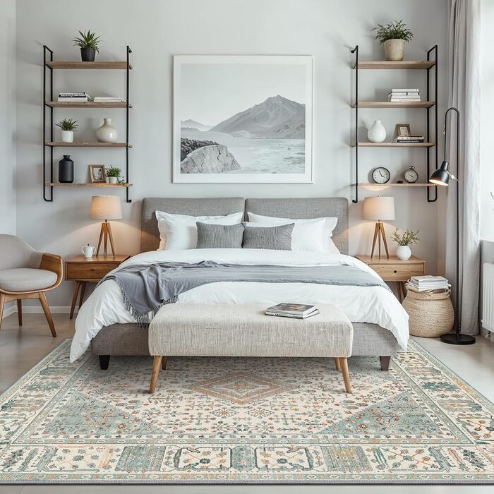 Килим GENIMO Boho Vintage 160x230 см, короткий ворс, антиковзаючі, для вітальні, спальні, їдальні, офісу, салатовий, геометричний, прямокутний