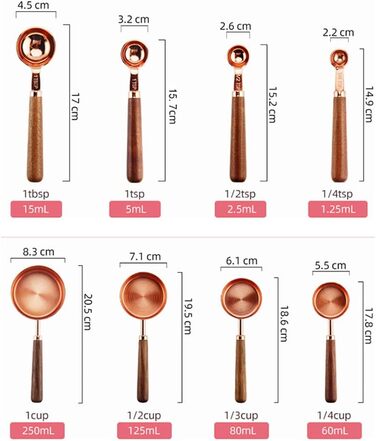 FBHappiness 8-Piece/Charge Stainless Steel Measuring Spoon Set with Walnut Wood Handle, Copper Measuring Cup Set for Baking and Cooking (Color: A, Size A
