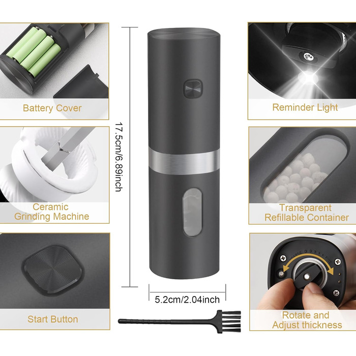 Електричні млини для солі та перцю 2 шт. Набір, батарейне живлення, LED-підсвічування, регулювання помелу, чорний (Стиль 2)