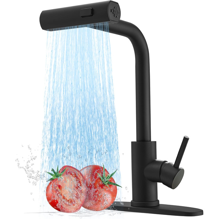 Чорний кухонний змішувач водопровідний з висувною лійкою та душем, 360° обертання, одноlever, матовий чорний