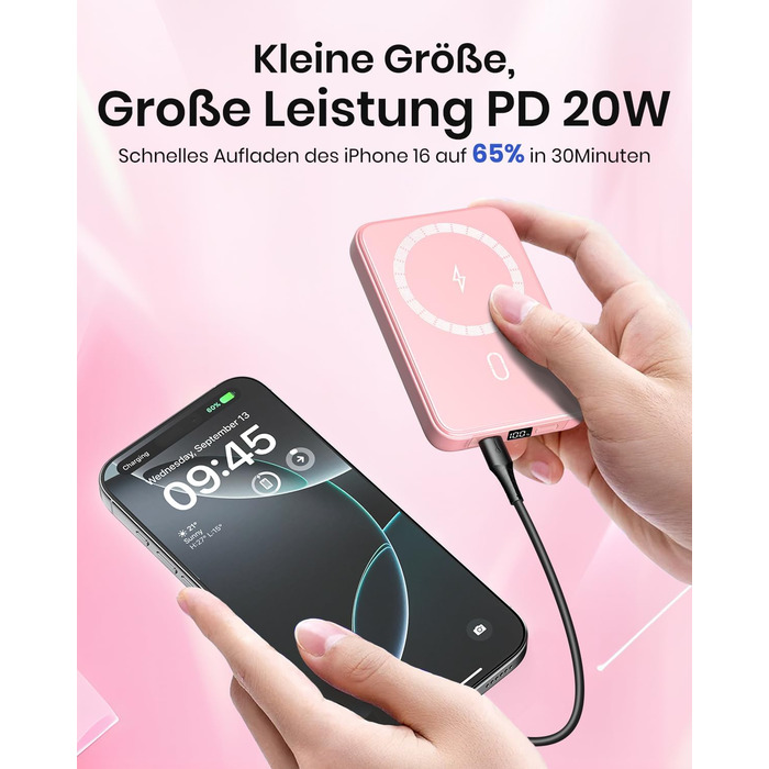 Power Bank Riapow 10000mAh з бездротовою зарядкою, PD 20W, USB-C, LED-індикатор (Рожевий)