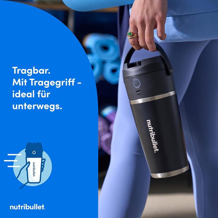 NutriBullet Flip Portable Blender, 20 oz Insulated Stainless Steel Cup, Keeps Cold for up to 24 Hours, Blends Ice and Frozen Ingredients, 2-in-1, Multifunctional Blender, USB-C Charger, Black, NBP016B Portable Insulated Black