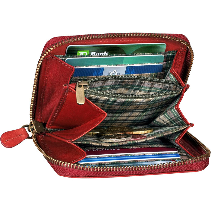 Benthill Wallet Women's Small Genuine Leather | Wallet with RFID Protection | Flat Slim Card Holder with Zipper & 6 Card Slots, Color: Red