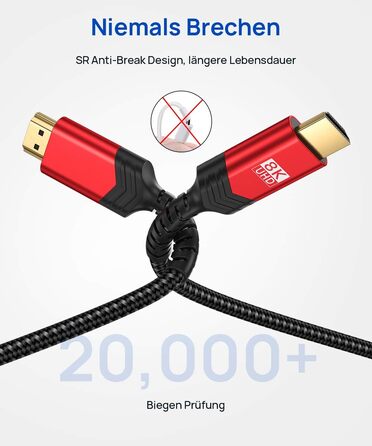JSAUX HDMI 2.1 Кабель 8K 1.8м: 48Gbps, Highspeed Ethernet, HDR, eARC, Dolby Vision, VRR, для PS4 Pro, PS5, TV, Blu-ray, Проектор (червоний)