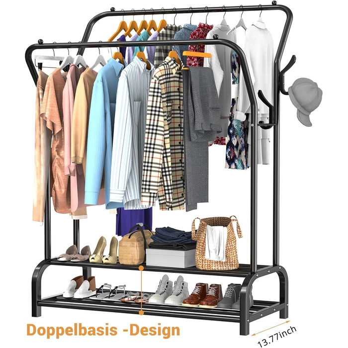 LOEFME Clothes Rack, 110 * 35 * 146cm Clothes Rack Stable Freestanding Clothes Rail, Double Rod Multifunctional Bedroom Clothes Rack, Minimalism Clothes Rod Black