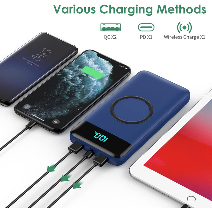 Бездротовий Power Bank 26800mAh 25W PD3.0 + QC4.0, зовнішній акумулятор з LCD-дисплеєм та швидкою зарядкою 15W, 4 USB-порти, для iPhone, Samsung, Huawei, Oppo — Синій