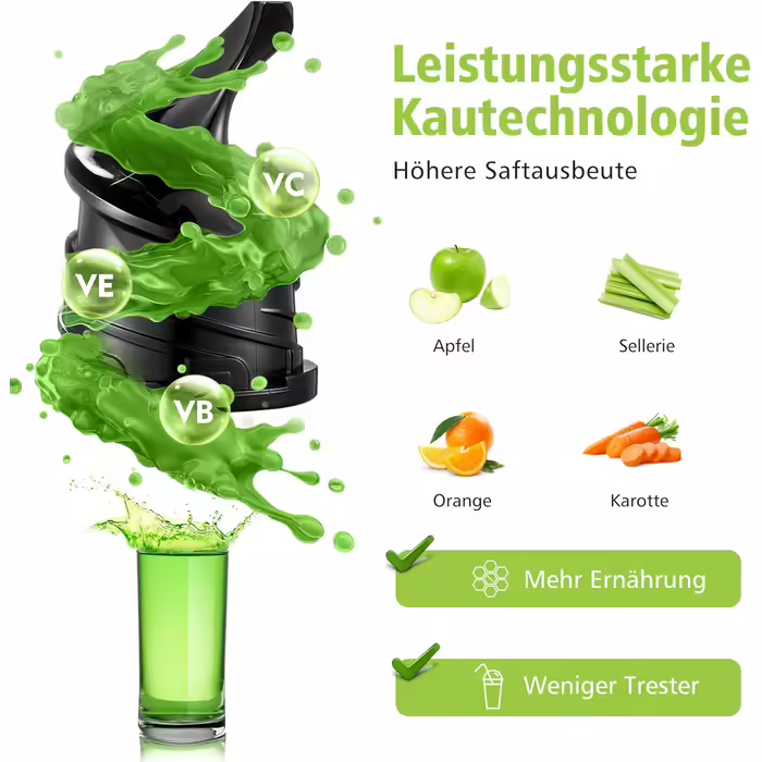 AOBOSI 200W Slow Juicer, Juicer with Reverse Function and Two Filter Sizes. Juicer for vegetables and fruit, test winner, multifunctional juicer for vegetables and fruit with Smart Chip. Fruit press - Black