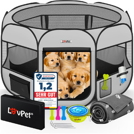 LOVPET® Pop-Up Dog Playpen with Bowl & Fleece Blanket - Portable Indoor/Outdoor Pet Pen for Small Dogs & Cats - Oxford Fabric