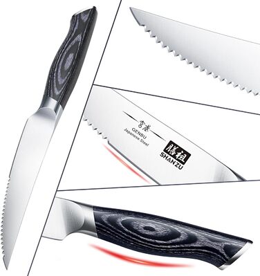 Набір ножів SHAN ZU 16 предметів з блоком: Японський набір кухонних ножів з нержавіючої сталі, серія Genbu, ергономічні ручки, чорний черепаховий колір, включає набір стейк-ножів