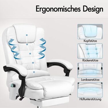 Офісне крісло Alfordson з ергономічною підтримкою попереку, регульоване, з підлокітниками та функцією масажу, PU шкіра, біле