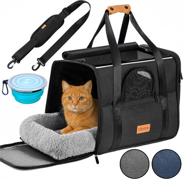 Транспортна переноска для котів до 20 кг, складна, з сонце- та водонепроникним дахом, плечовим ременем та мискою, дихаюча, комфортна, з обертовим подушкою, переноска для котів/собак, для автомобіля, колір антрацит