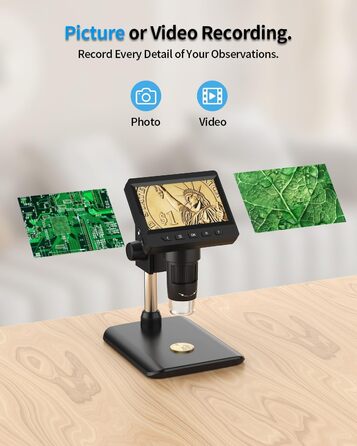 Цифровий мікроскоп AOPICK з LCD екраном, 50X-500X, 4.3 дюйма, 1080P, USB, 8 LED, для дорослих/дітей, сумісний з MacOS/Windows (чорний)