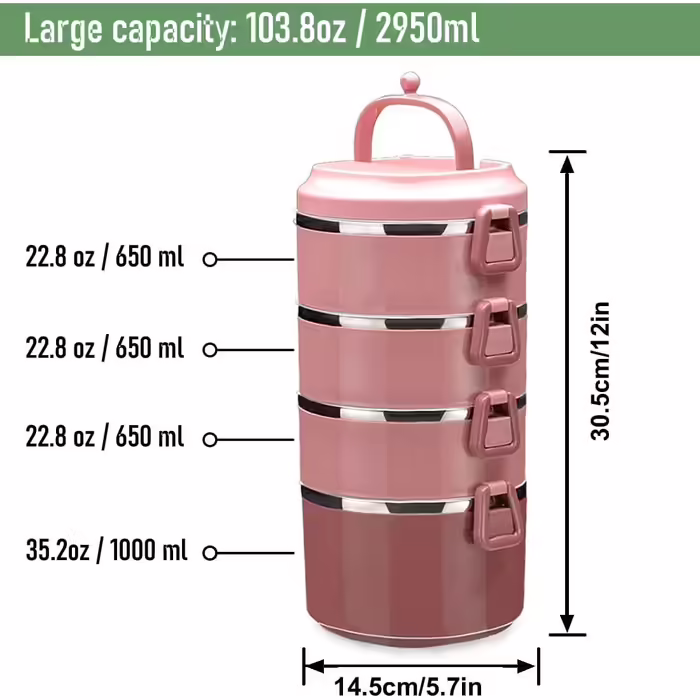 SANQIAHOME 4-Layer Multi-Layer Stackable Stainless Steel Lunch Box, Leak-Proof, Pink