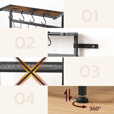 Стельова полиця з розетками, підлогова полиця, полиця пекаря, 35 x 48 x 135 см, 4 гачки S-подібної форми, станція для кавової бару з тримачем для пляшок та гачками, вінтажний коричневий та чорний колір ABRHR23UE01