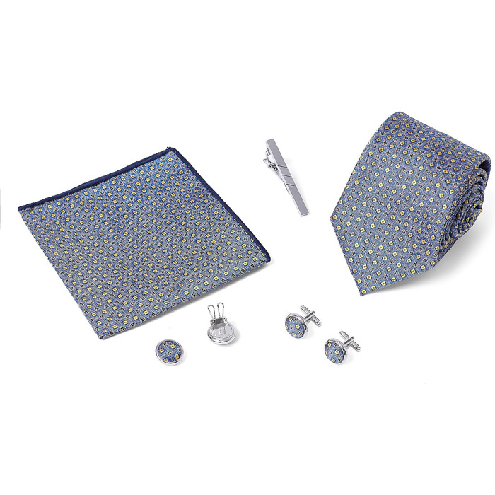Подарунковий набір для чоловіків: краватка, хустинка, запонки, зажим для краватки, ґудзики для манжетів в елегантній коробці для офісу, весілля, костюма. Жовто-блакитний з мікро-візерунком