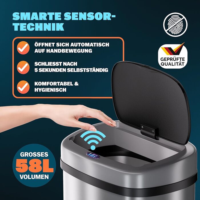 Monzana Sensor Trash Can - 58L Automatic Kitchen Waste Bin with Motion Sensor, Soft-Close Lid, Waterproof, Smart USB Rechargeable - Silver