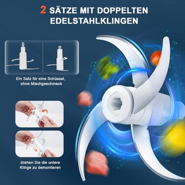 Електричний подрібнювач Bear Mini 0.6L+2L: подрібнювач для м'яса, овочів, фруктів та дитячого харчування з 4-ма лезами з нержавіючої сталі та м'ясорубкою