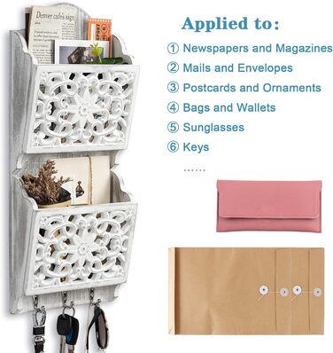 Дерев'яний органайзер для ключів з поличкою та відділенням для листів, крейдяною дошкою та 8 гачками, настінний (античний)