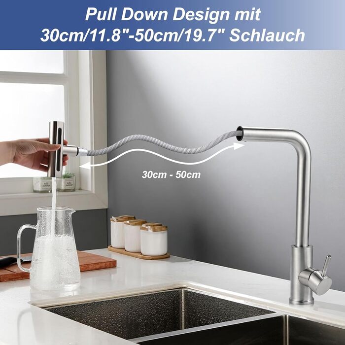 Кран кухонний висувний Cieex, 360° поворот, 4 режими, з душем, нержавіюча сталь, сріблястий