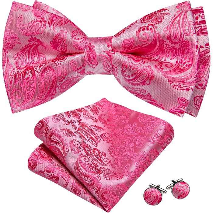 Батерфляй (метелик) для чоловіків Barry.Wang, шовк, візерунок павич, краватка-метелик, нагрудна хустинка та запонки, для весілля, свят, формальних заходів (рожевий)