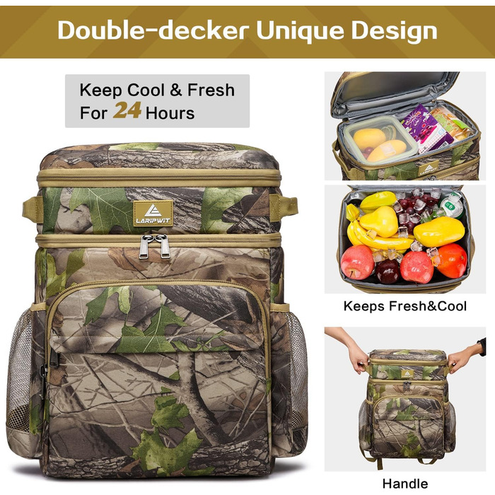 Рюкзак-холодильник Laripwit 54 літри з термоізоляцією для пікніків, подорожей та кемпінгу (33л, камуфляж)