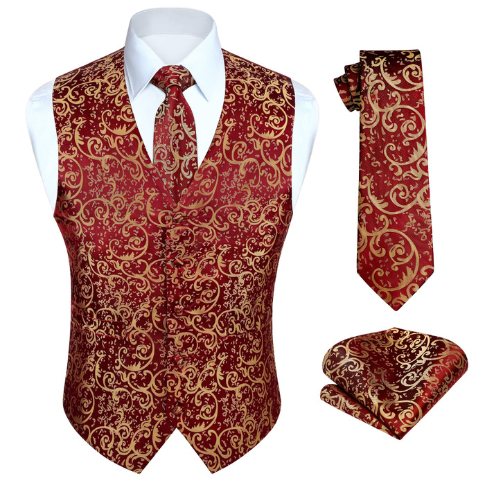 Костюм чоловічий HISDERN: жилет, краватка, кишеньковий хустинка з візерунком павазочок, бургунді XXL