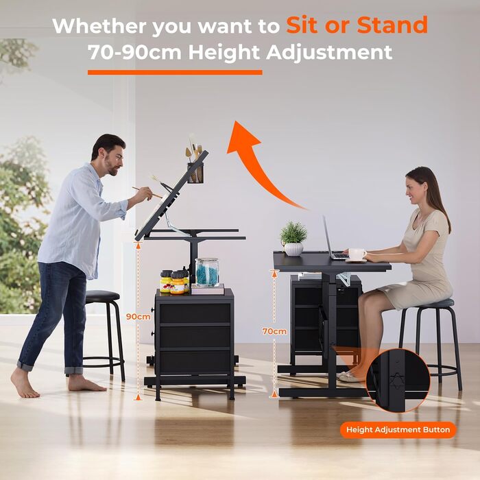 Adjustable Drafting Table with Tilt & Height - Drawing & Computer Desk with Stool & Storage - Wood Finish (Black + Storage Cabinet)