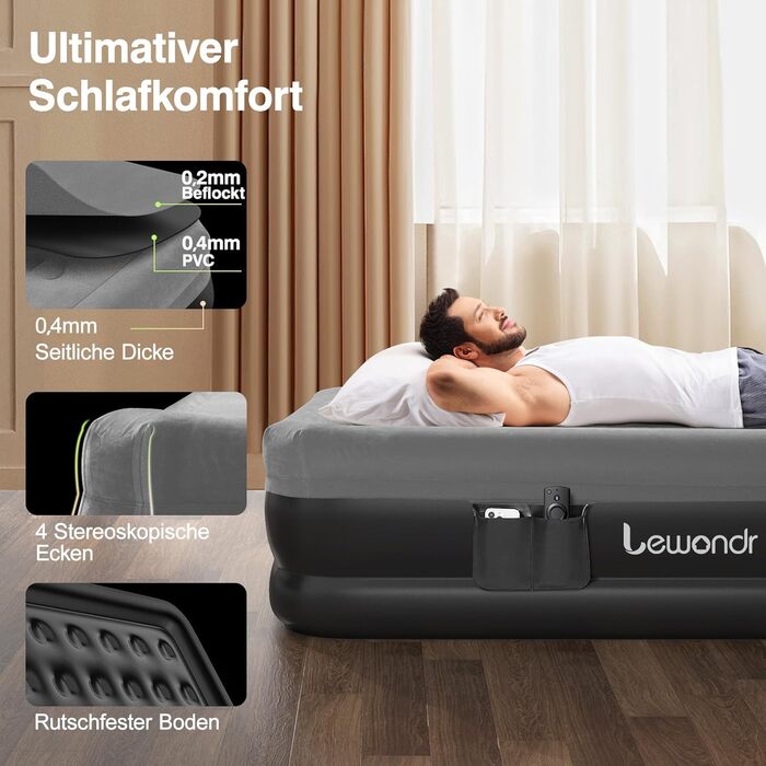 Надувне ліжко Lewondr на 2 особи з вбудованим насосом, 203x152x46 см, сірого кольору. Комфортна повітряна матрац для дому, відпочинку, кемпінгу та гостей. Максимальне навантаження 300 кг.