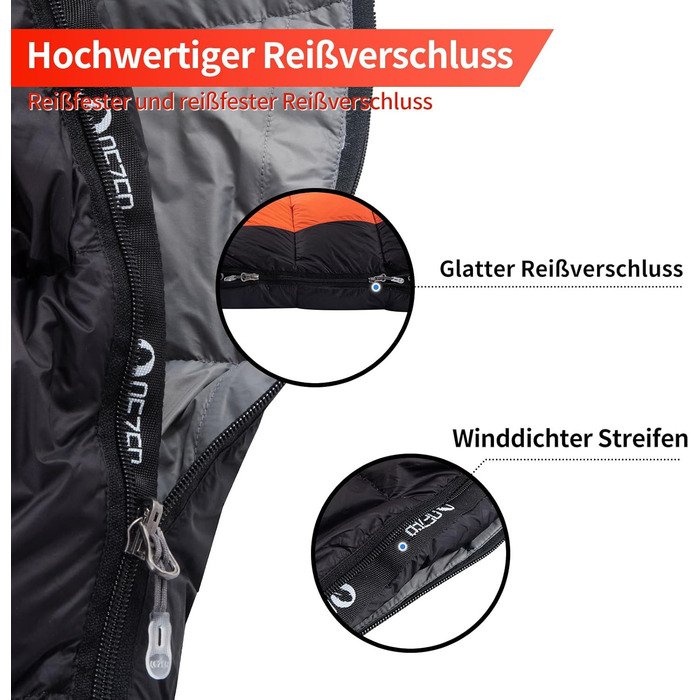 Сплячий мішок пуховий зимовий, 600FP+ преміум-пух, 12°C до -24°C, легкий та теплий для 3-4 сезонів, кемпінг, трекінг, чорний 7°C (оранжевий 0°C)