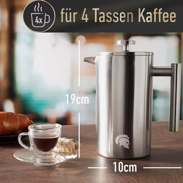 Barista Legends French Press Stainless Steel Coffee Maker 1 Liter - Double-Walled Thermal Coffee Press for Consistently Fresh Filter Coffee - Also Suitable as a Coffee Maker for Coffee While Camping! Matte Silver 1000ml