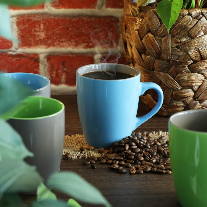 Набір керамічних чашок Com-Four® 6 шт. 350 мл - чайник для гарячих та холодних напоїв, сучасний дизайн, блакитно-зелено-сірий, з ручкою