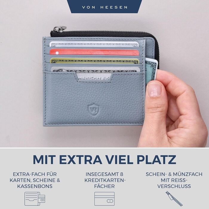Шкіряний RFID картхолдер VON HEESEN з наппа-шкіри для чоловіків та жінок, 9 відділень, горизонтальний (Світло-блакитний)