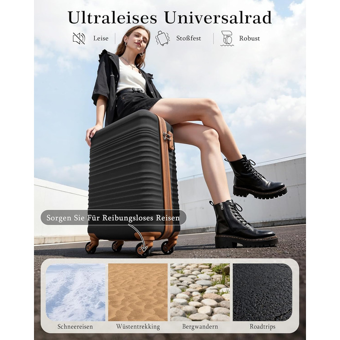 Набір валіз COOLIFE: велика (55x35x20 см) + маленька (40x25x20 см) для ручної поклажі Ryanair & Easyjet, ABS, 2 шт, з TSA замком, чорний/коричневий