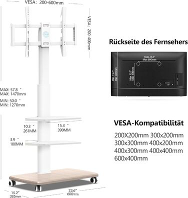 FITUEYES Rolling TV Stand with 3 Shelves - Mobile TV Stand for 32-70 Inch TVs up to 40kg, VESA 400x600, Adjustable & Swivel, White