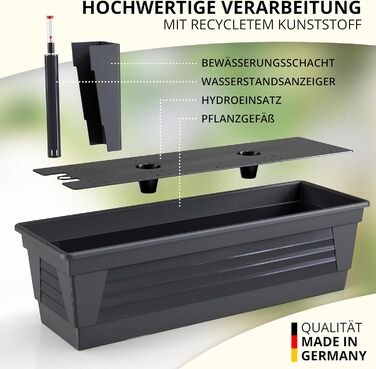Plastard Milano Flower Box Set of 3, 60 cm long, Anthracite color with water reservoir and water level indicator. Planting box for garden and balcony, weather-resistant for indoor and outdoor use.