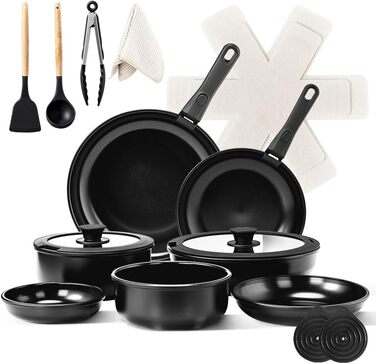 Набір каструль LEADZM з керамічним покриттям, 22/23 частини, сумісний з усіма плитами, індукційний, без PFOA/PFOS (Бежевий/Чорний)