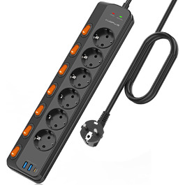 Мережевий фільтр 6-фазний з індивідуальним вимикачем, USB-C (PD 20W) та 2 USB-A, захист від перенапруги (3680W/16A), 3м кабель, чорний
