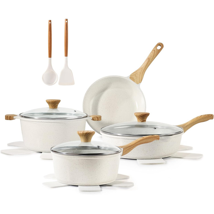 Набір посуду SENSARTE з антипригарним покриттям Ceramic, 13 предметів: каструлі та сковороди. Безпечний набір посуду з нержавіючої сталі з Cool-Touch ручками, силіконовими інструментами та захистом для дна. Без PFOA/PTFE/PFAS. Білий.